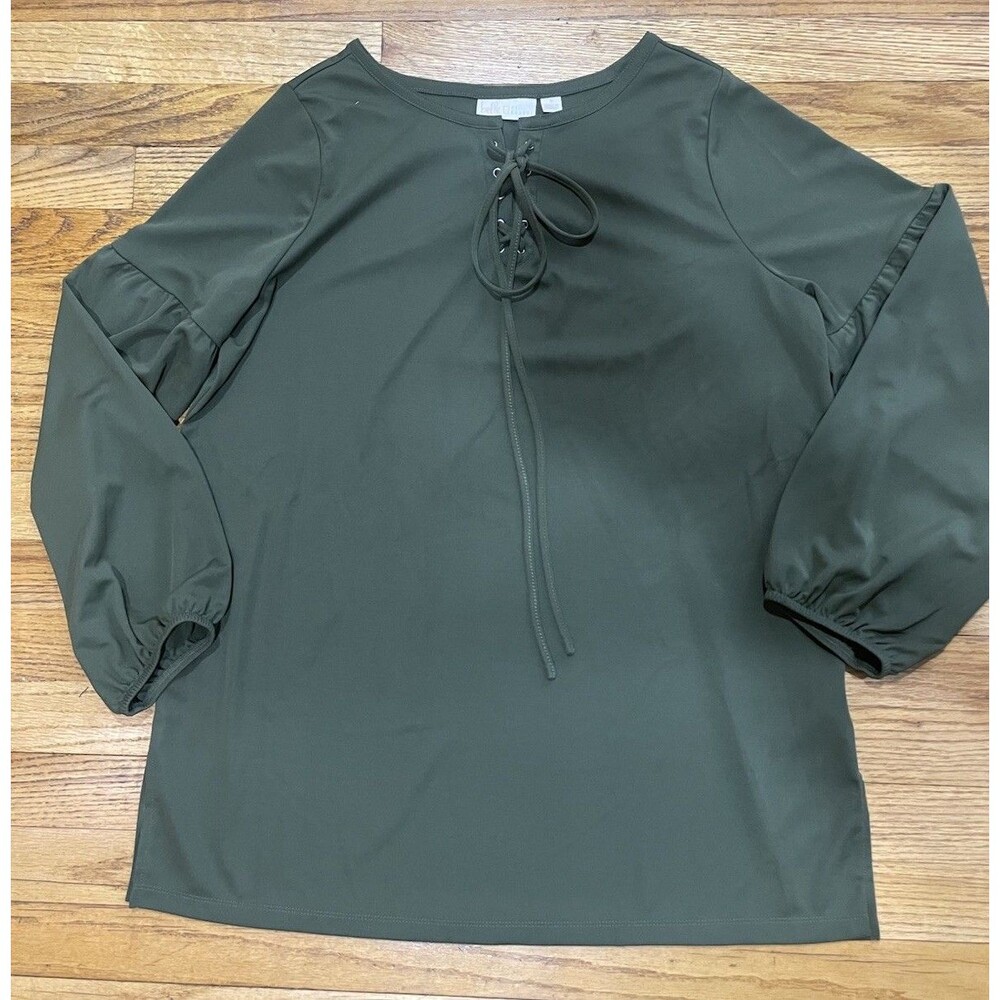 Belle by Kim Gravel Women’s M Olive Lace Up Tunic Blouse Long Sleeve